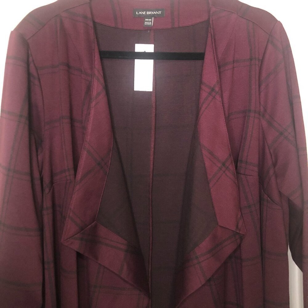 Lane Bryant BNWT burgundy ponte overpiece cascade front blazer w/ pockets 14/16
